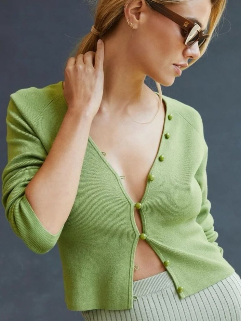 Maeve Anthropologie Isabella Cropped Cardigan Sweater Green Ribbed Small